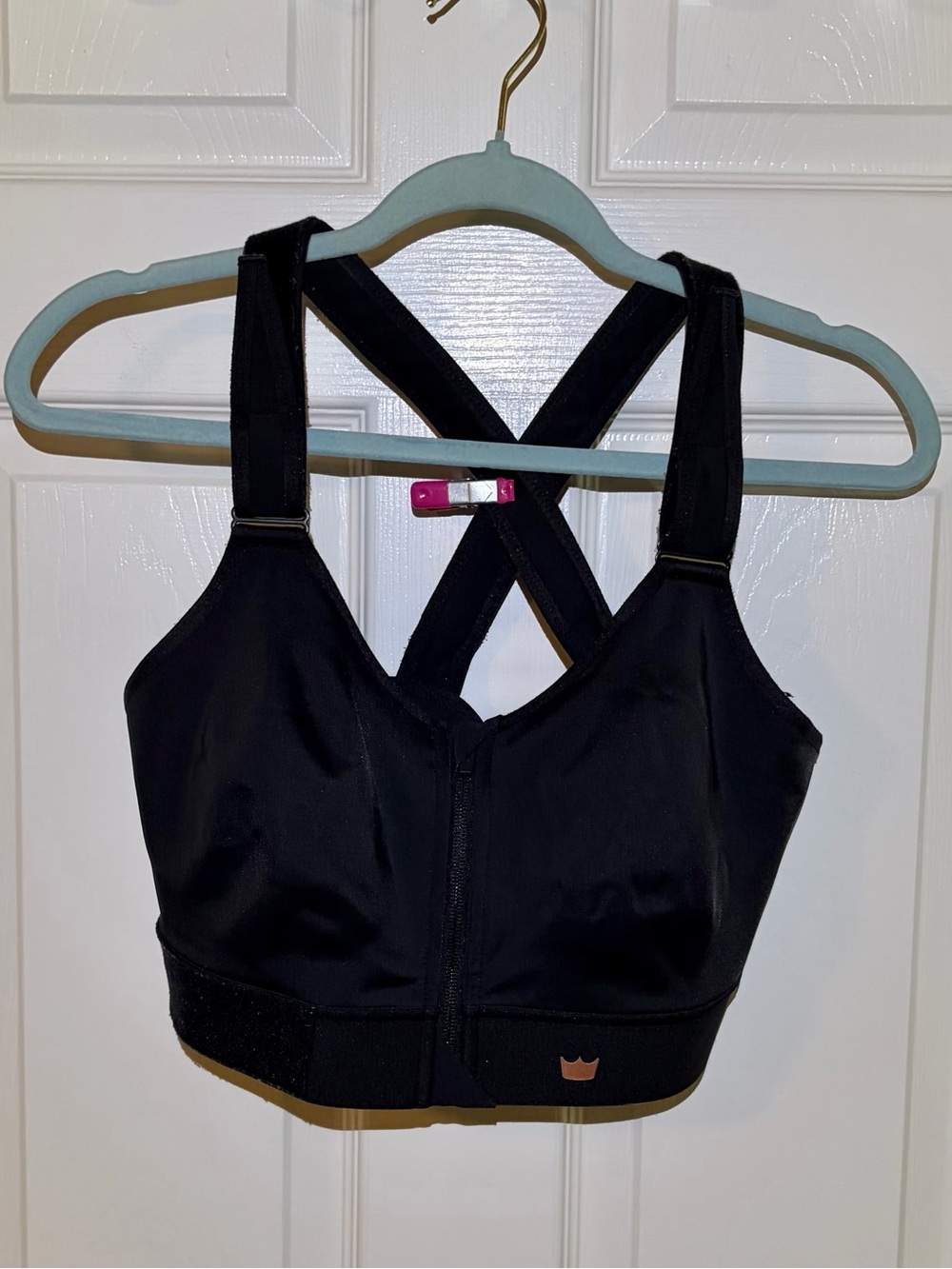 SheFit Black Front-Zip Sports Bra with Adjustable Velcro Back & Shoulder Straps